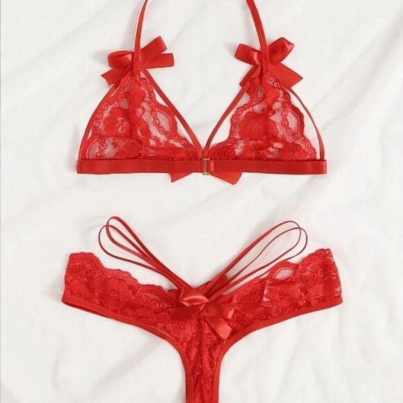 Red Valentines Lace Bow Lingerie Set - Picture 1 of 4